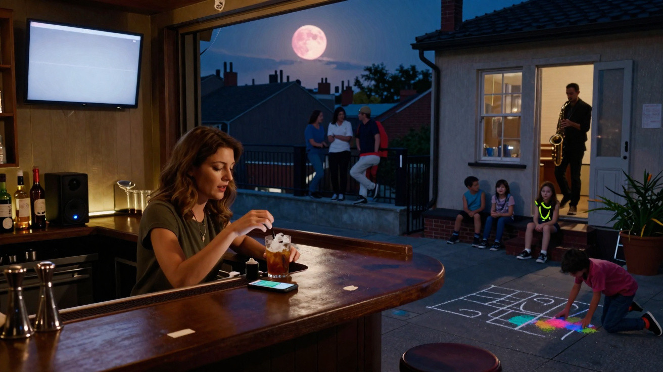 Woman stirring drink at bar with children playing hopscotch outside under a full moon and man playing saxophone.