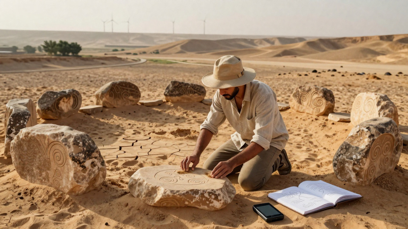 Man examining ancient carved stones arranged in a circle in a desert with notebook and phone nearby.