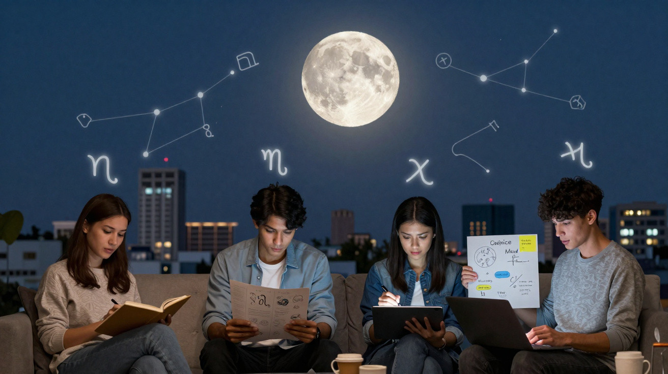 Four young people studying astrology under a full moon with zodiac constellations in the night sky above.