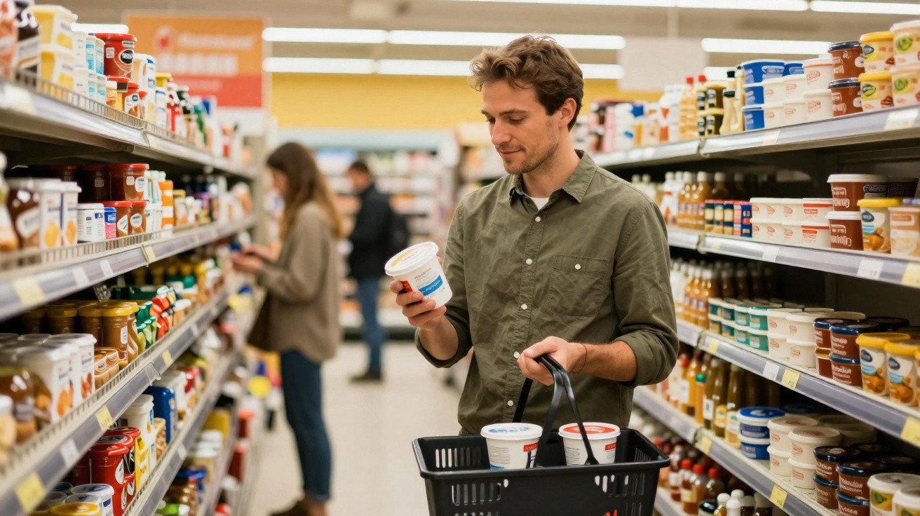 Man holding a tub of yoghurt while shopping with a basket in a supermarket aisle filled with dairy products.