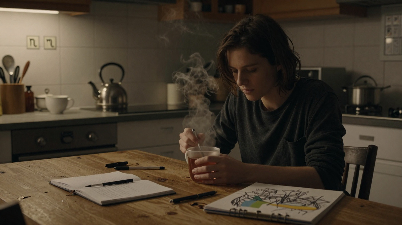Young woman sitting at a wooden table drinking a hot beverage with notebooks and pens scattered around.