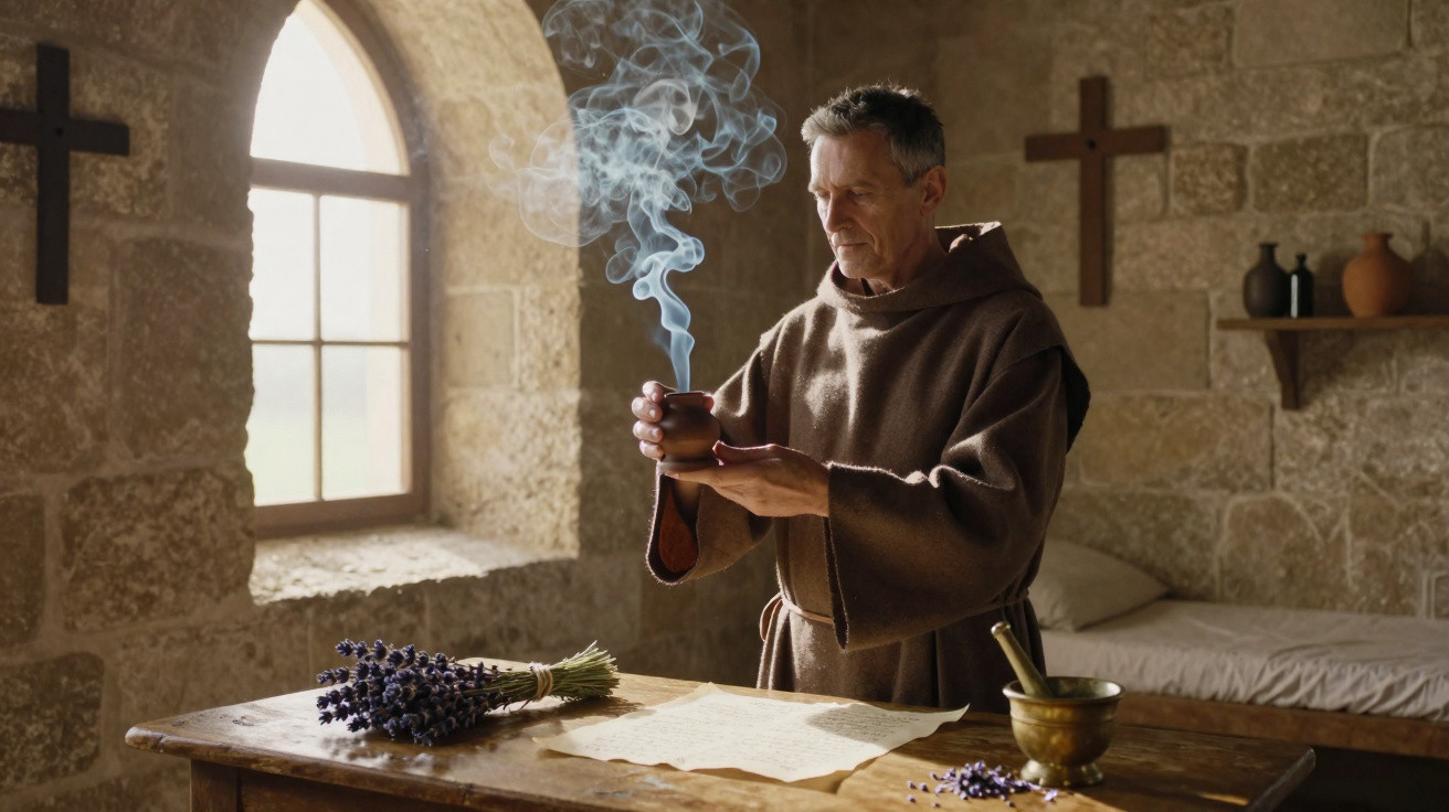 Monk in brown robe holding a smoking bowl in a stone room with crosses and dried lavender on a wooden table.