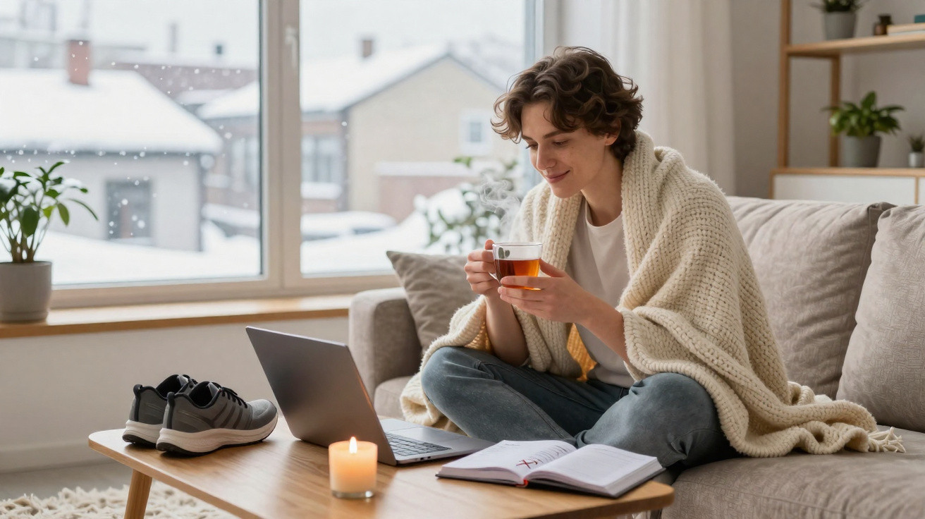Young person wrapped in a blanket drinking tea and working on a laptop in a cosy snowy living room.