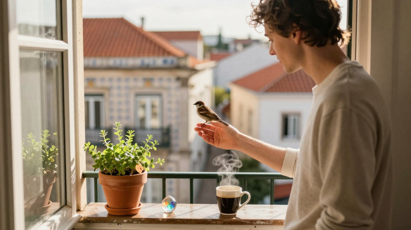 Young man standing by a window holding a small bird with a steaming cup and potted plant on the ledge.