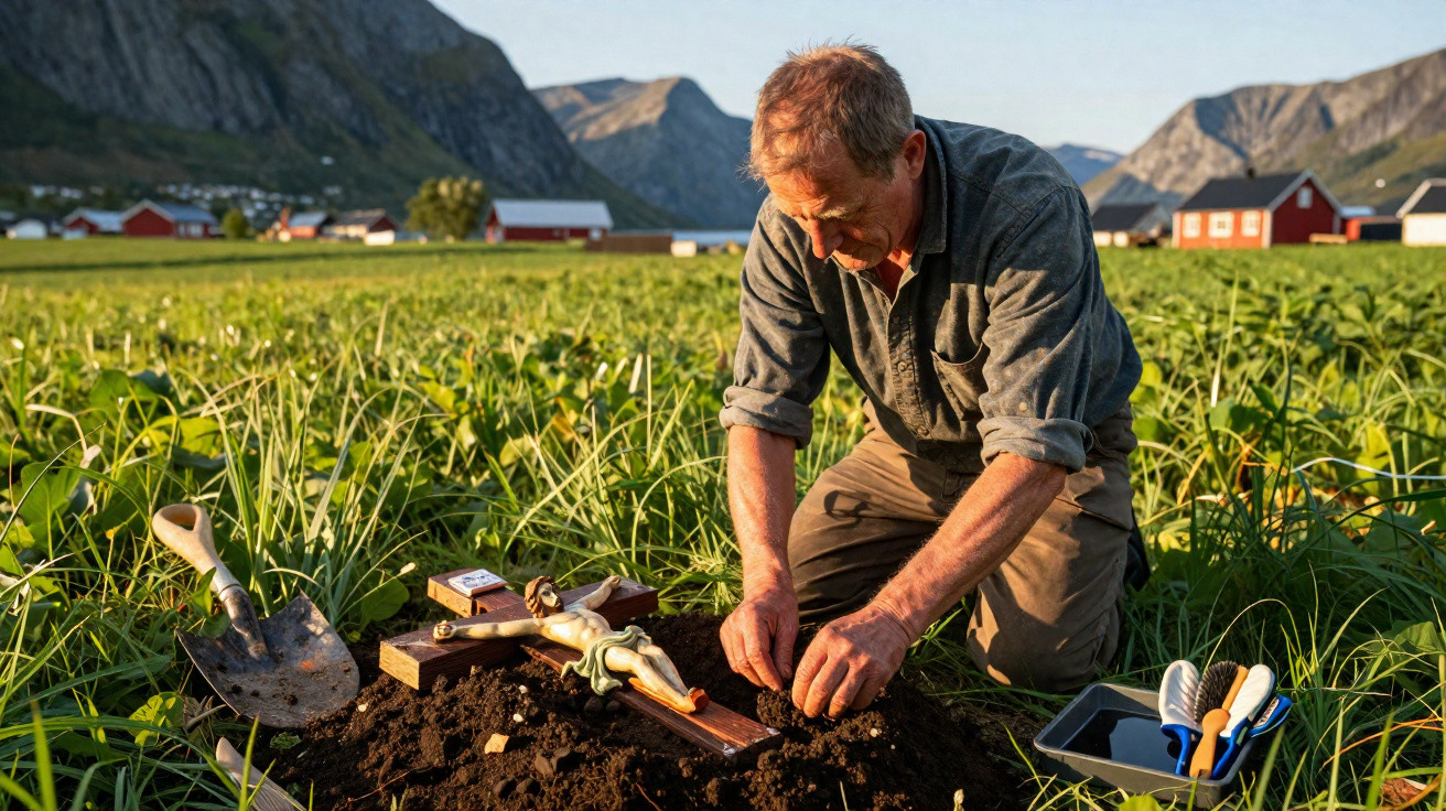 Man kneeling in a green field placing soil on a small mound with a crucifix and gardening tools nearby under sunlight.