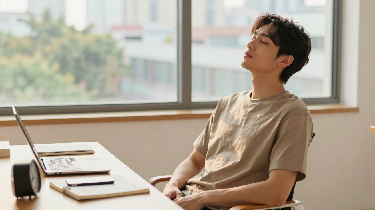 Young man sitting at desk with eyes closed, relaxing in front of laptop near large window.