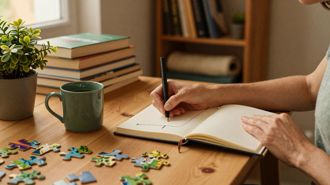 Person writing with a pen in an open notebook on a wooden desk with books, puzzle pieces, a cup, and a plant.