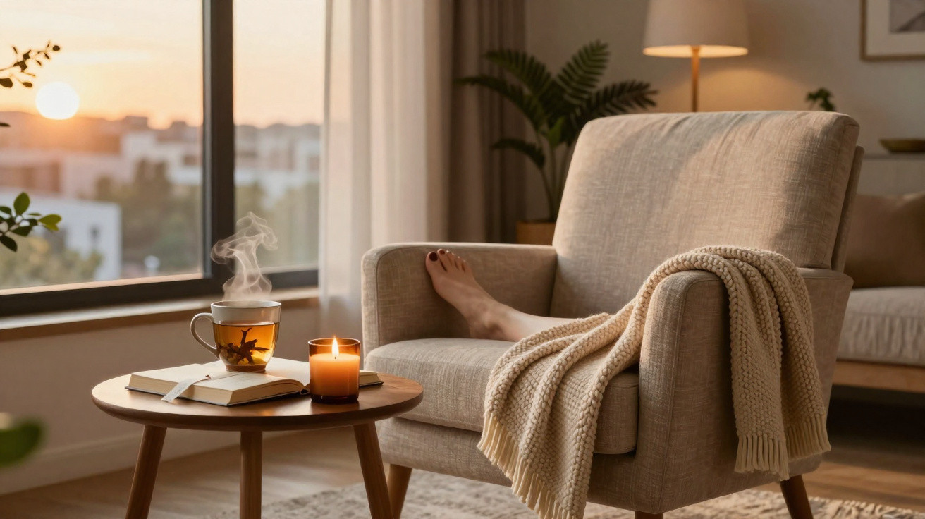 Cozy armchair with a footrest, knitted blanket, steaming tea, lit candle, and a book by a window at sunset.