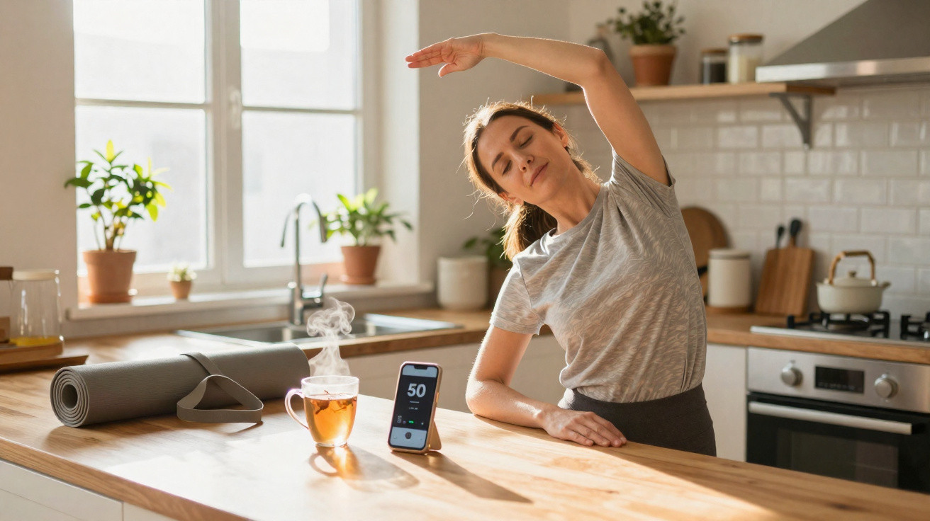 Woman stretching in a bright kitchen with a yoga mat, steaming tea, and a timer on the counter.