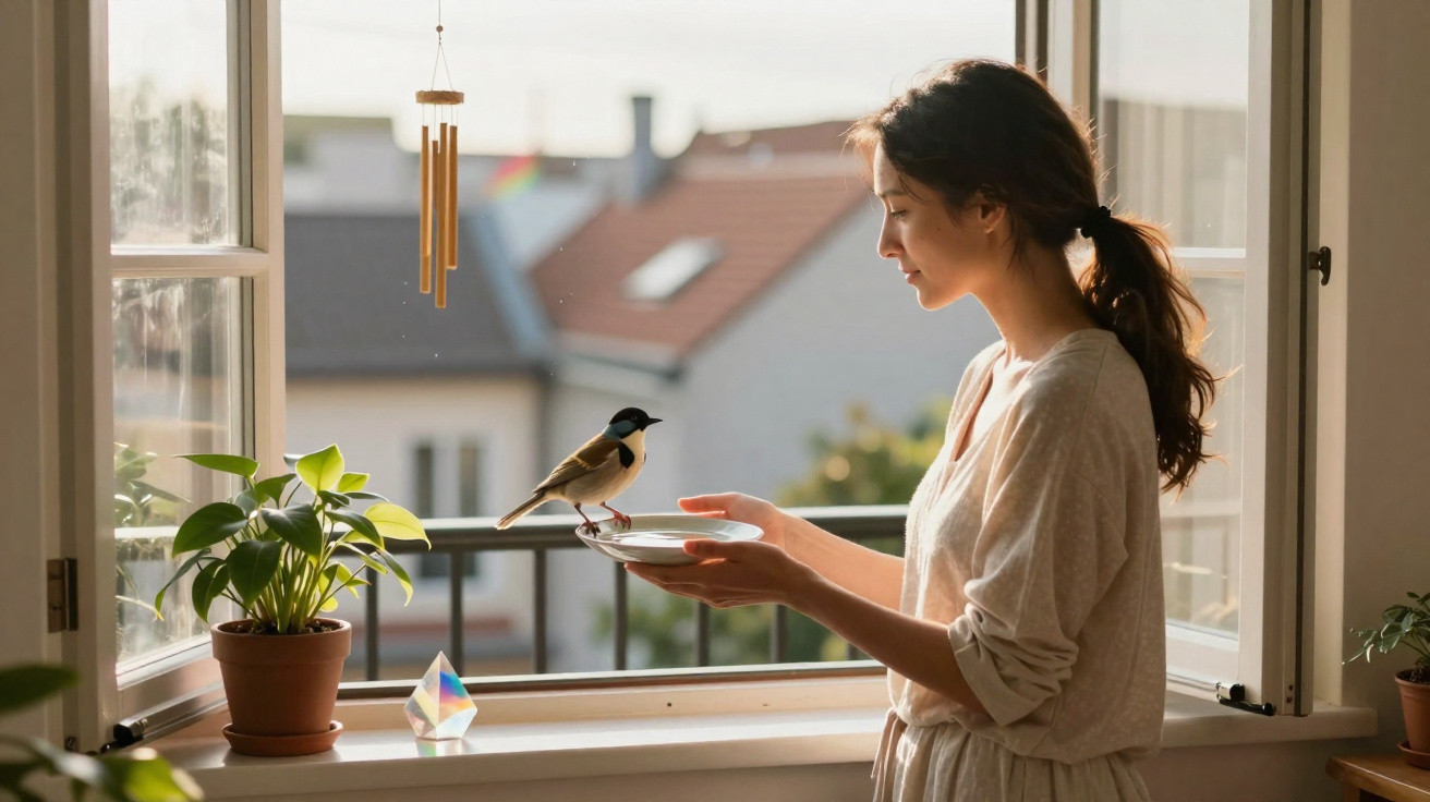 Young woman feeding a bird on a plate by an open window with potted plants and wind chimes nearby.