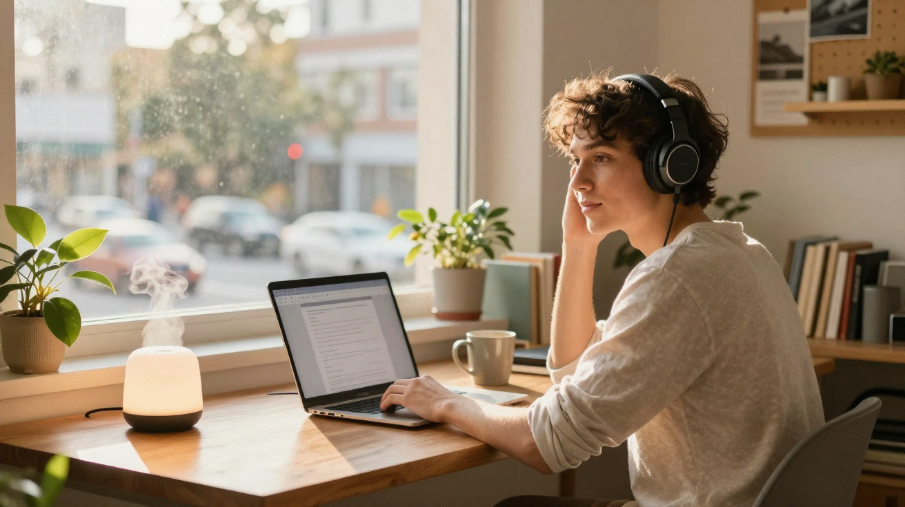 Person wearing headphones working on a laptop by a window with plants and a diffuser on the desk.