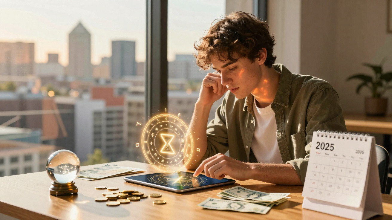 Young man using a tablet with digital hourglass graphic, surrounded by coins, cash, a calendar, and a crystal ball.