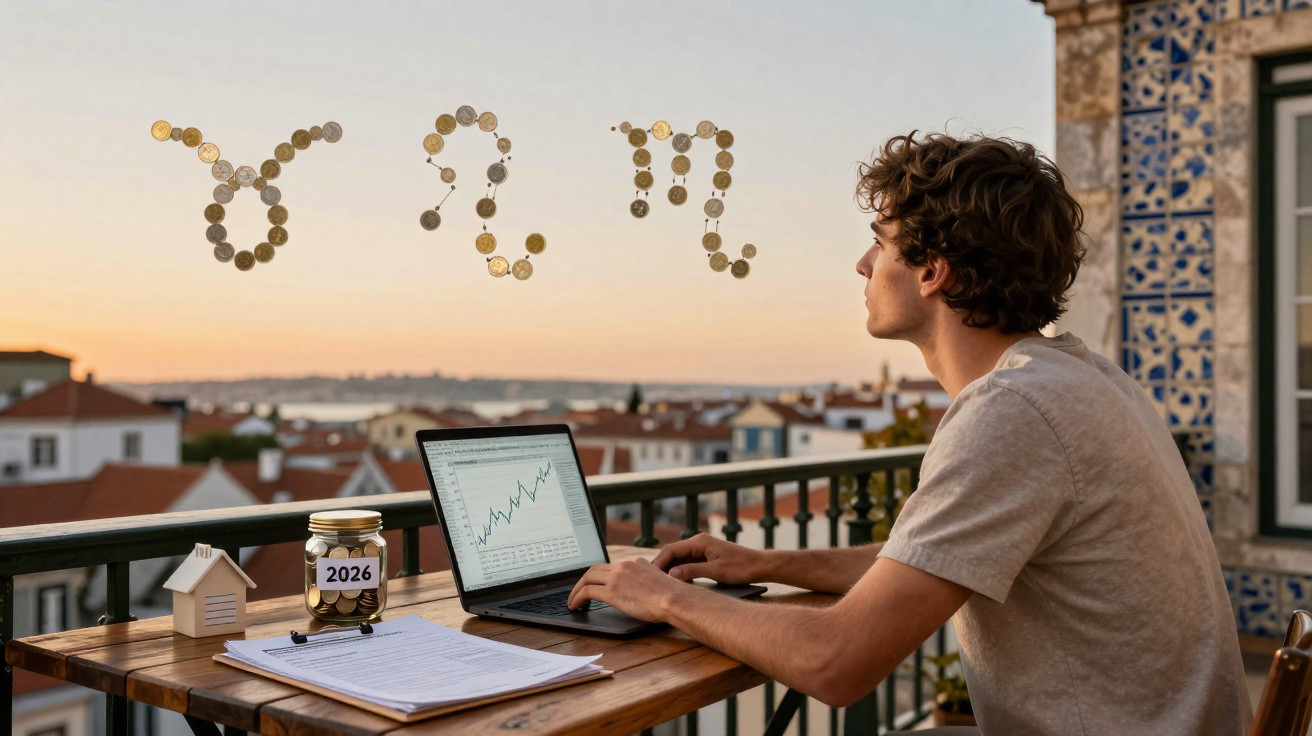 Young man working on a laptop with a rising graph, house model, and 2026 savings jar on a balcony at sunset.