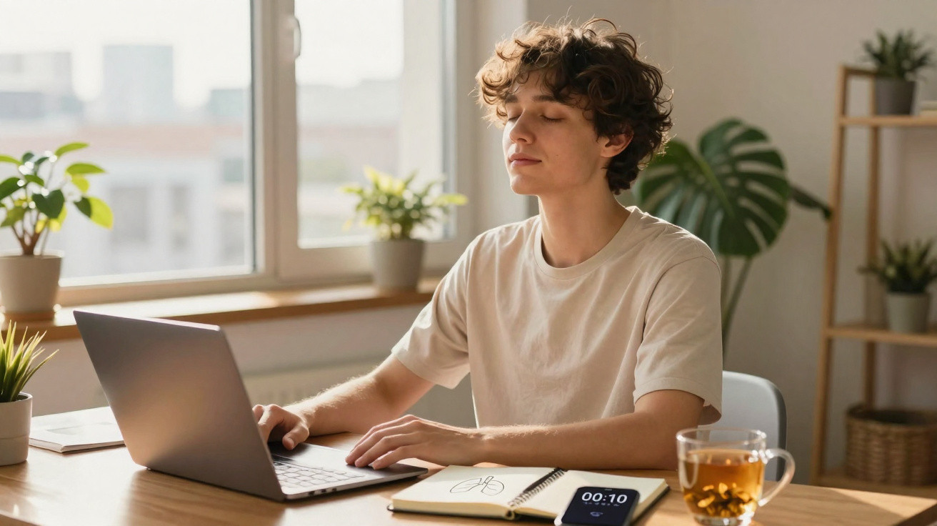 Young person meditating with eyes closed at desk with laptop, notebook, phone, and tea in a bright room.
