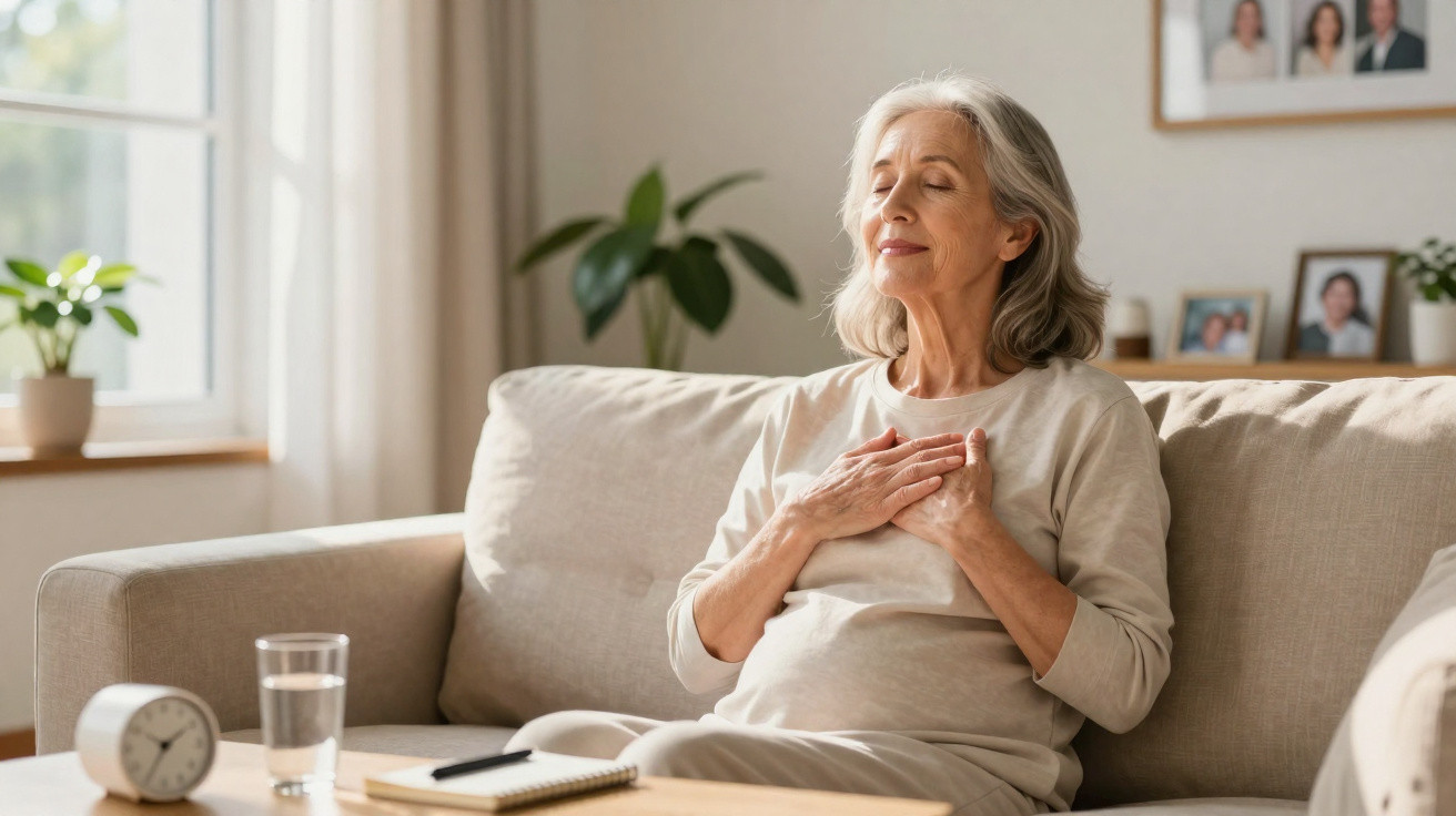 Elderly woman sitting on a beige sofa with eyes closed, hands on chest, appearing peaceful and content.
