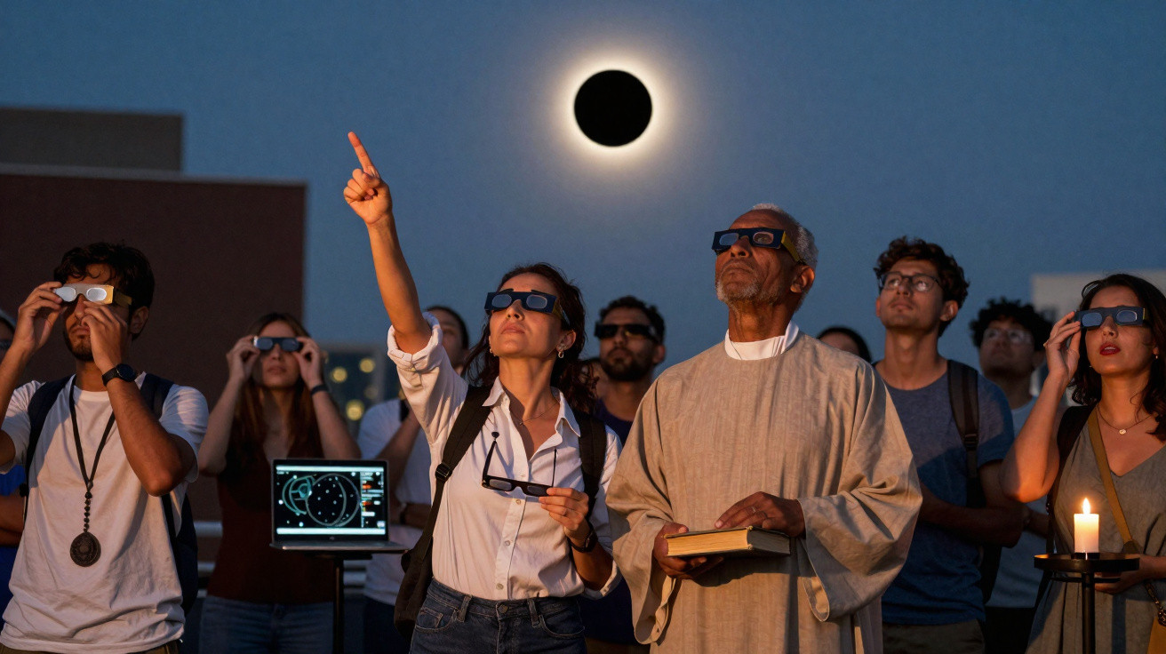 Group of people wearing eclipse glasses observing a solar eclipse at twilight with a candle and laptop nearby.