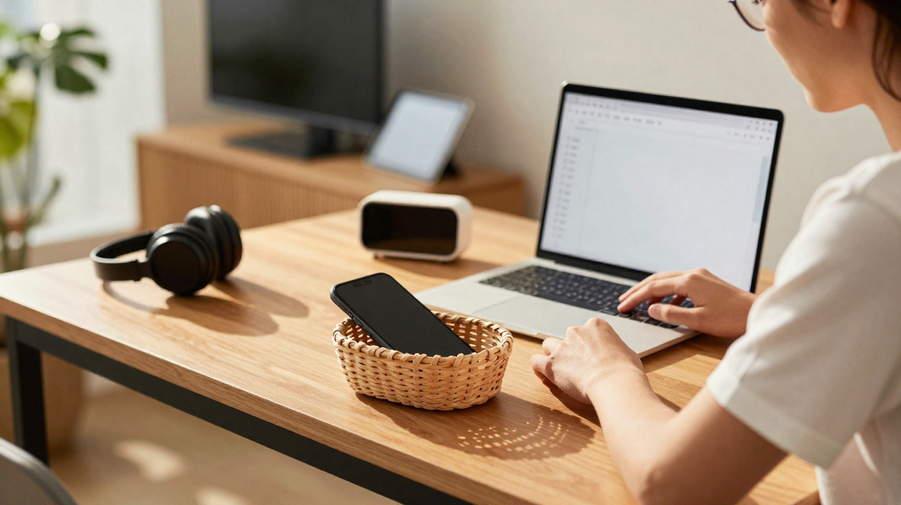 Person typing on a laptop at a wooden desk with a smartphone in a wicker basket and headphones nearby.