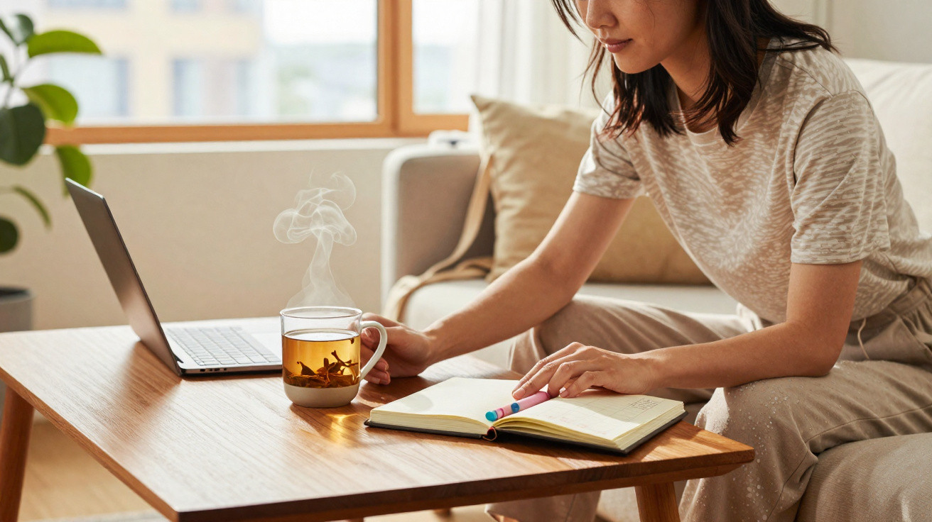 Person sitting on sofa with an open notebook and holding a steaming cup of tea beside a laptop on a wooden table.