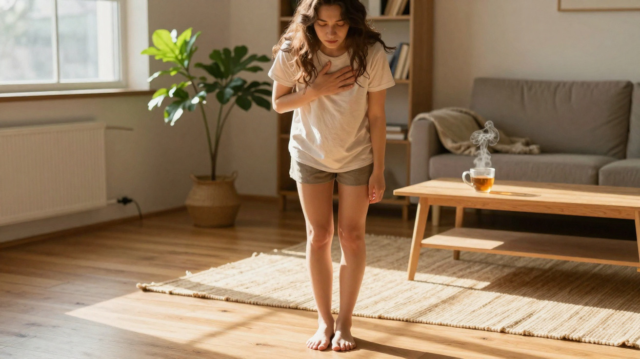Young woman in casual clothes standing barefoot in living room, holding her chest in discomfort.