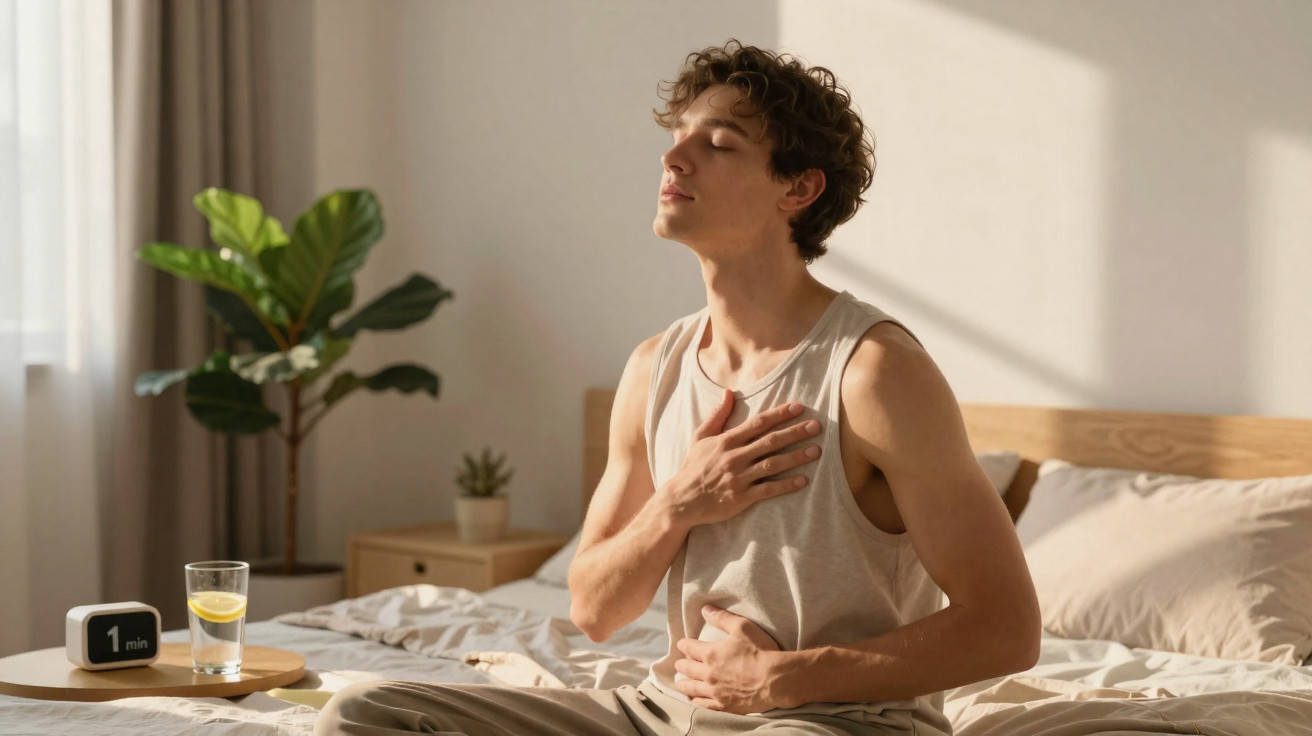 Young man practising deep breathing exercises while sitting on a bed in a sunlit bedroom.