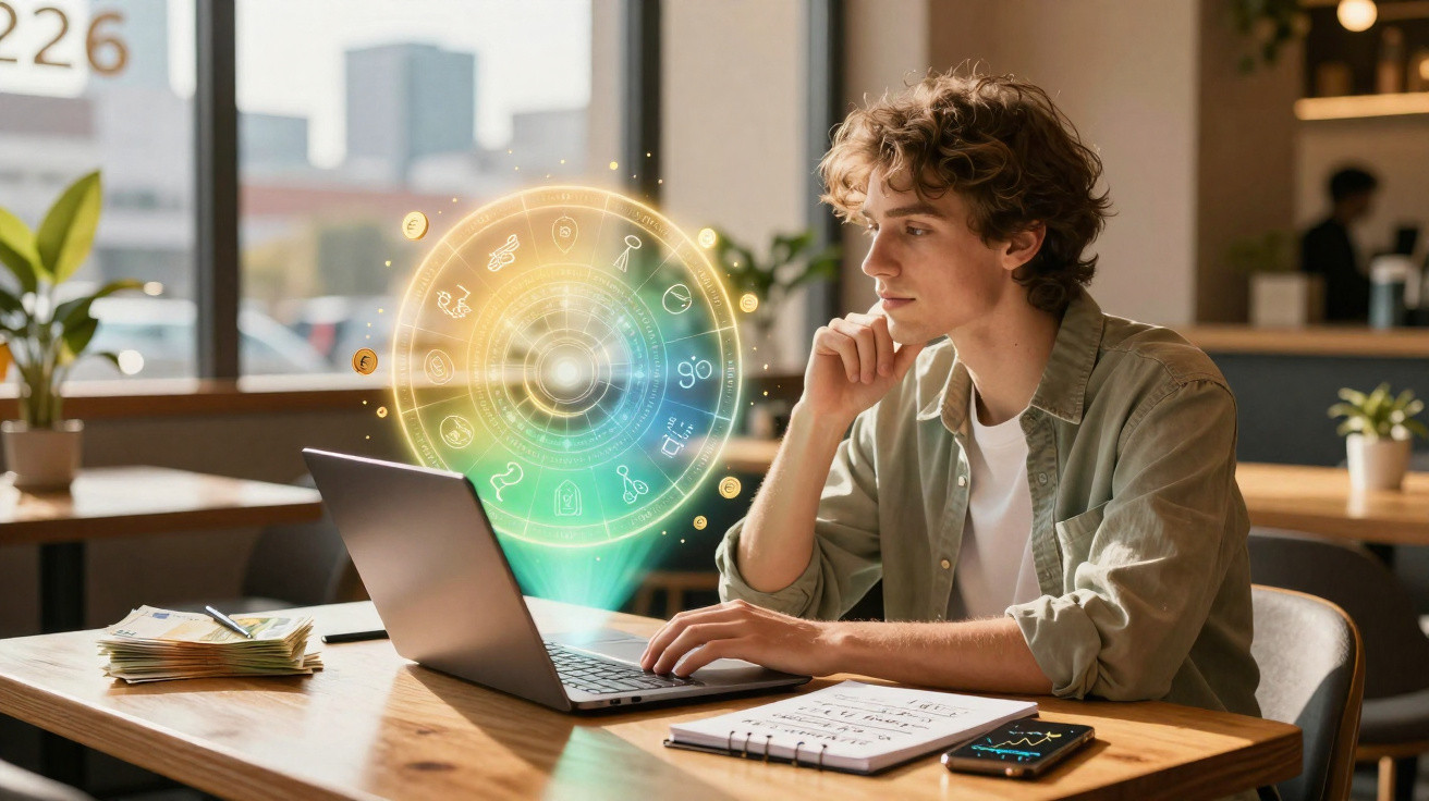 Young man using laptop with futuristic holographic interface in a bright workspace with plants and notes.