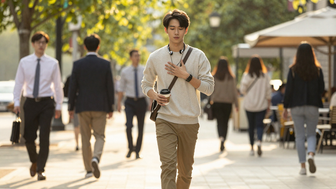 Young man walking on a city street holding a coffee cup with people walking in the background.