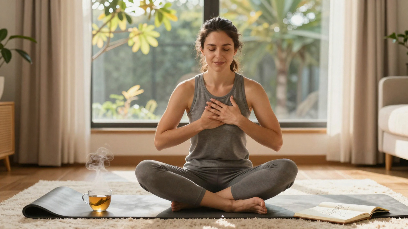 Woman meditating cross-legged on a yoga mat in a sunlit room with a steaming cup of tea nearby.