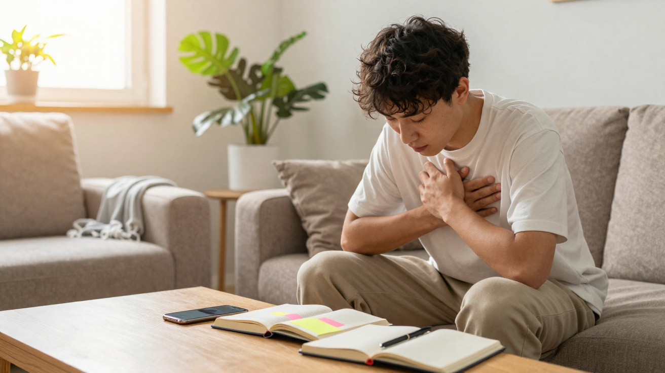 Young man sitting on sofa clutching chest in pain with open notebooks and phone on table in bright room