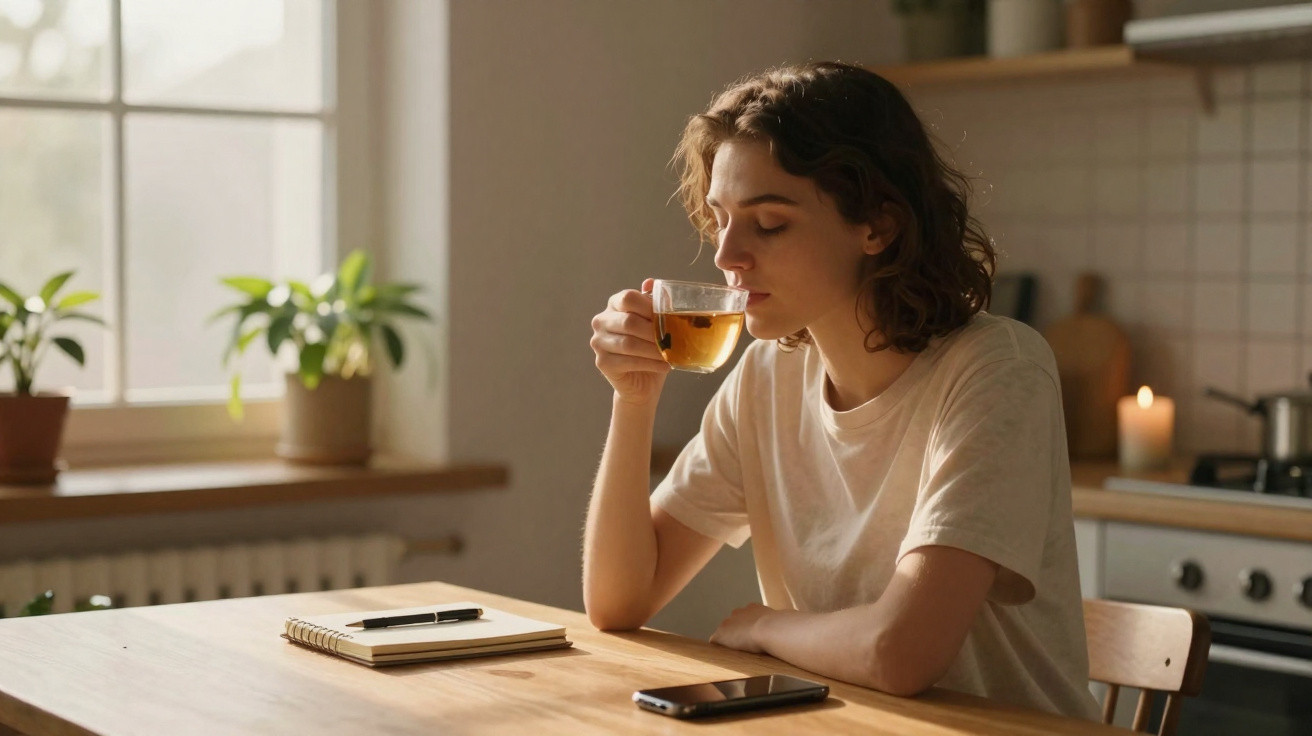 Young woman in white t-shirt sitting at a wooden table drinking tea with a notebook and phone nearby in a kitchen.