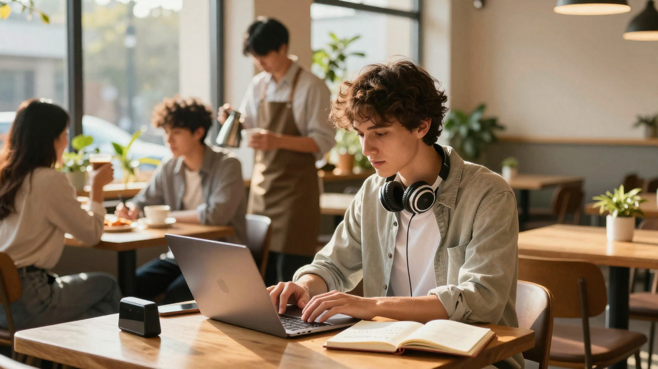 Young man with headphones working on a laptop with an open book in a bright, modern café.