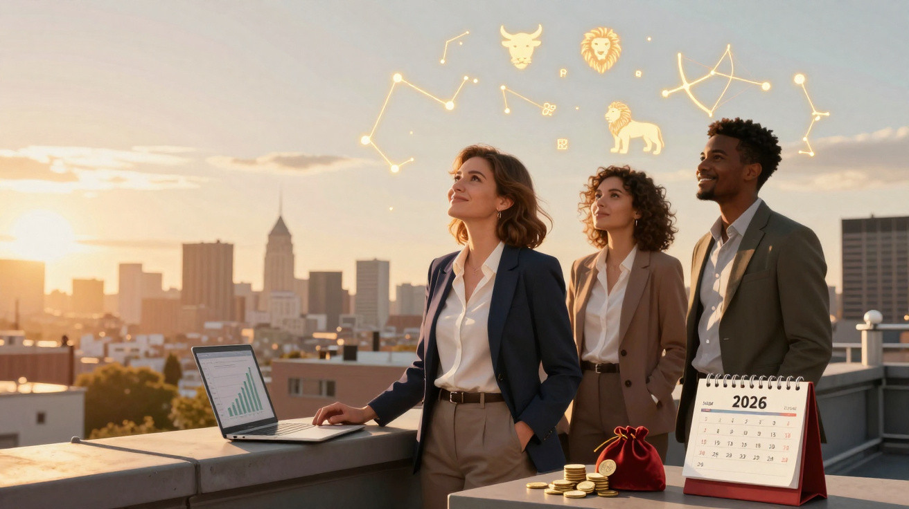 Three professionals standing on a rooftop with astrology symbols, a calendar, coins, and a rising financial graph.