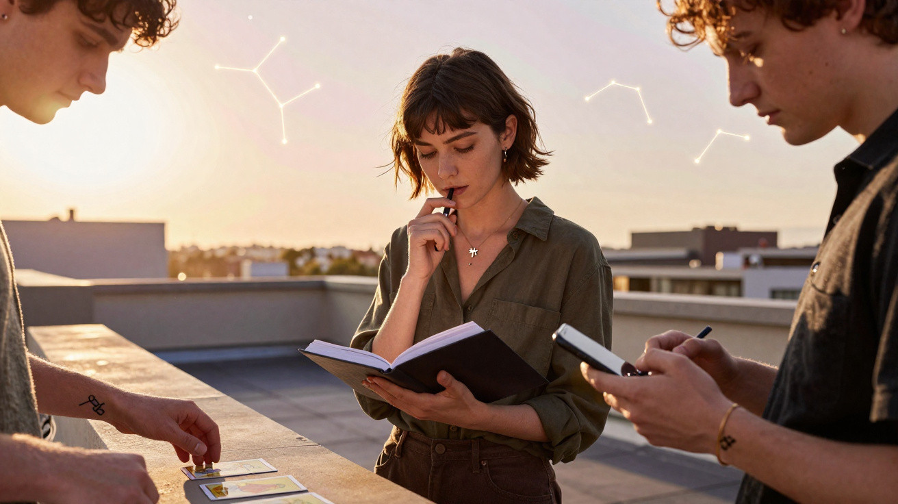 Three young people studying astrology cards and a book on a rooftop at sunset with constellation drawings in the sky