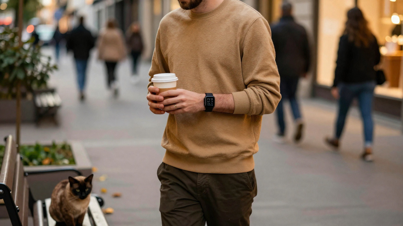 Man in brown sweater holding a coffee cup walking on a city street near a bench with a Siamese cat sitting on it