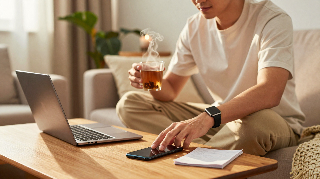 Person sitting on a sofa holding a steaming cup of tea, using a smartphone with a laptop on the table.