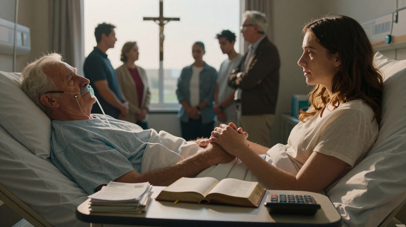 Elderly man in hospital bed holding hands with woman, with group and crucifix in background through window.