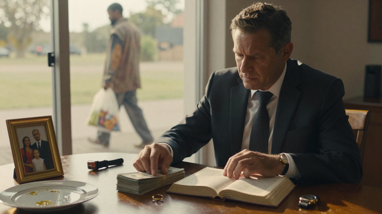 Man in suit reading a book with money and wedding rings on the table, blurred person walking outside.