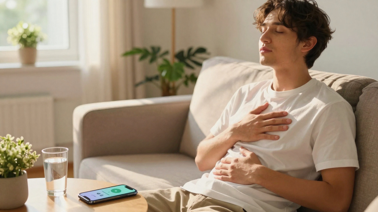 Young man sits on sofa with eyes closed, hands on chest and stomach, smartphone and glass of water on table nearby.