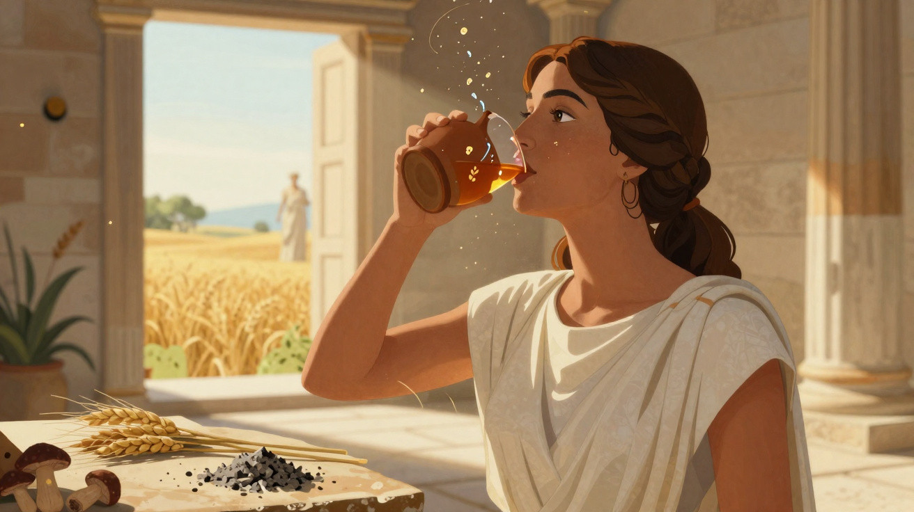 Young woman in ancient attire drinks from a clay cup inside a stone building with wheat fields outside.