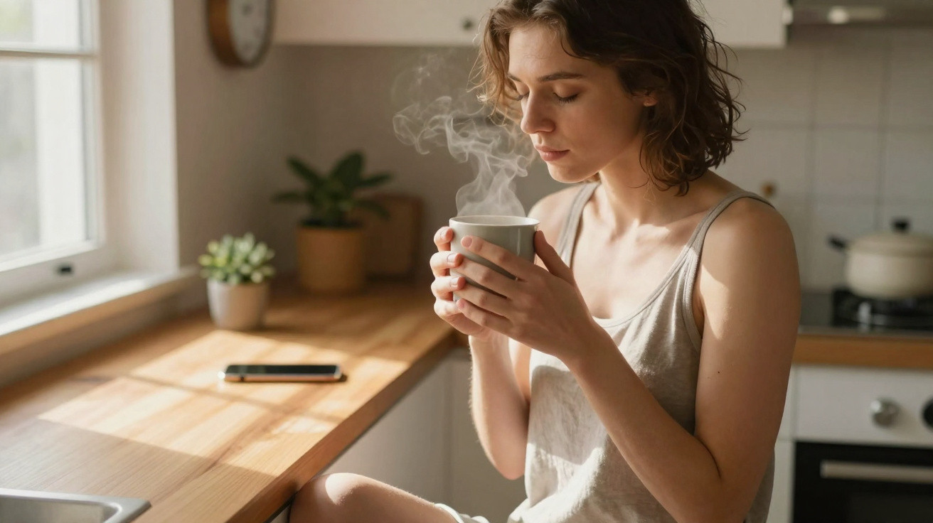 Young woman sitting in kitchen holding a steaming mug, enjoying a quiet moment in natural morning light.