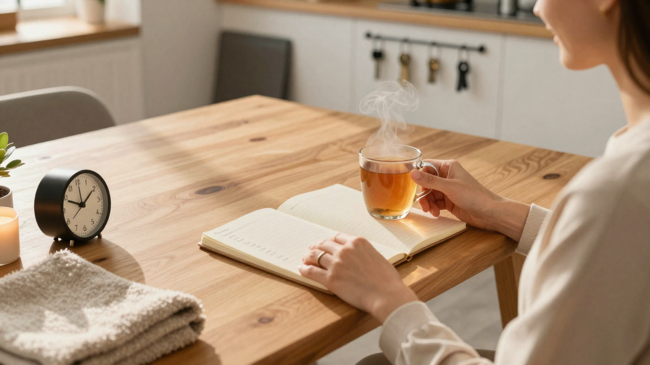 Person holding a steaming cup of tea with an open notebook on a wooden table by a clock and towel.