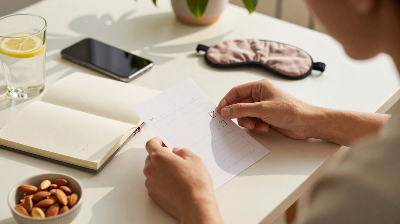 Person holding a checklist with a ticked box at a table with nuts, a notebook, phone, glass of lemon water, and sleep mask.