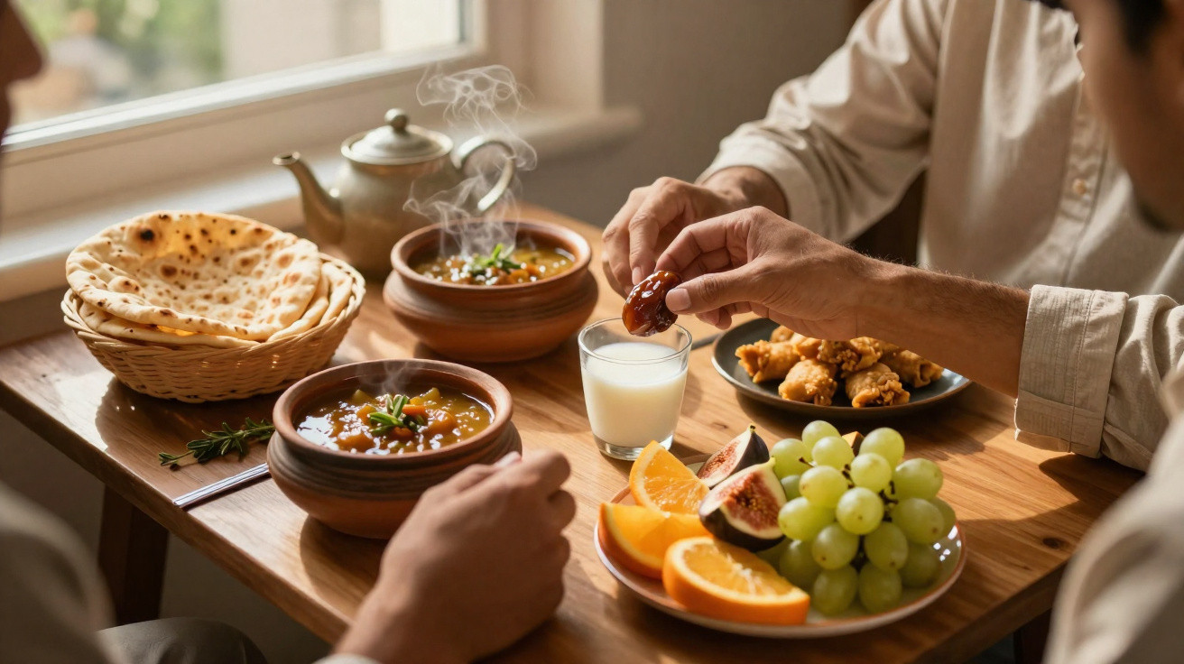 Two people enjoying a meal with lentil soup, flatbread, fruit, dates, and a glass of milk on a wooden table by a window.