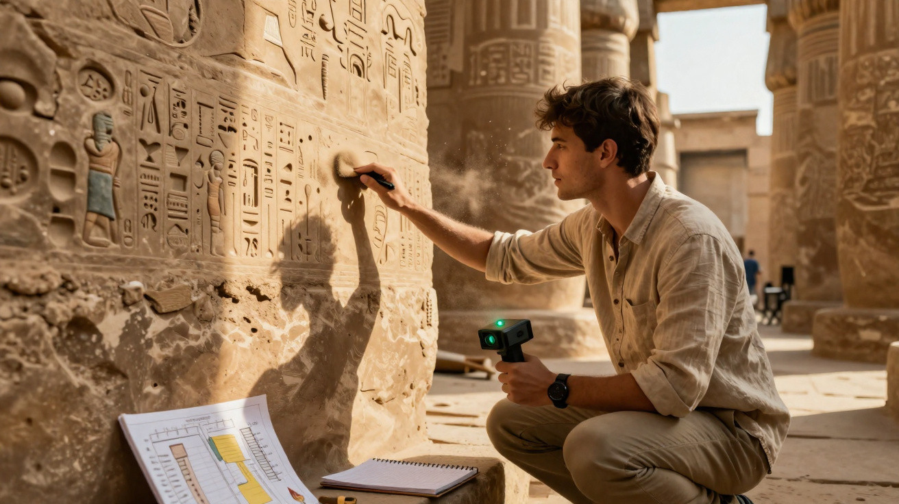 Man cleaning ancient Egyptian hieroglyphs on temple wall with brush and scanner in bright sunlight.
