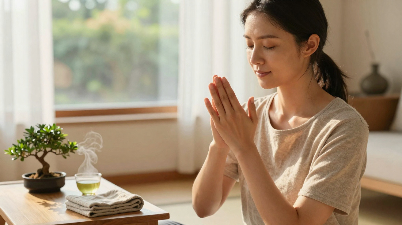 Woman sitting indoors with eyes closed and hands in prayer position near a steaming cup of tea and bonsai tree.
