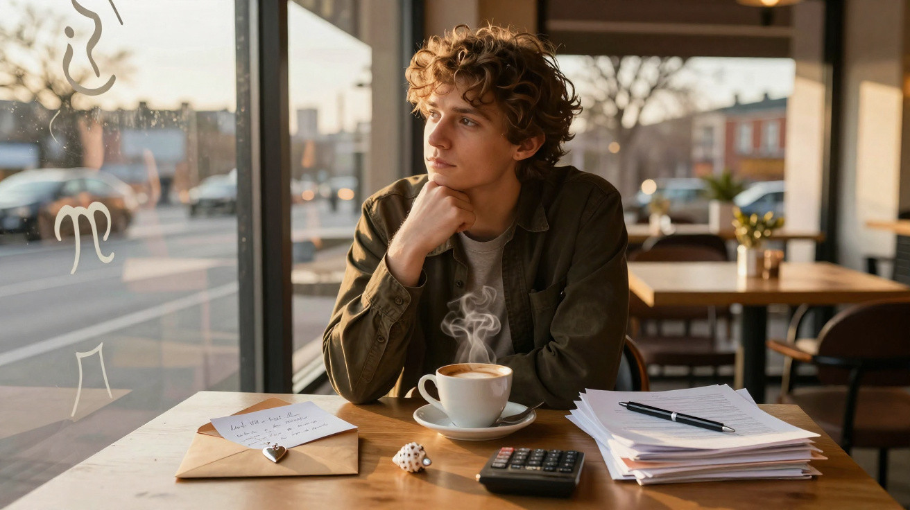 Young man with curly hair sitting at a table in a cafe, staring out the window with coffee and paperwork nearby.