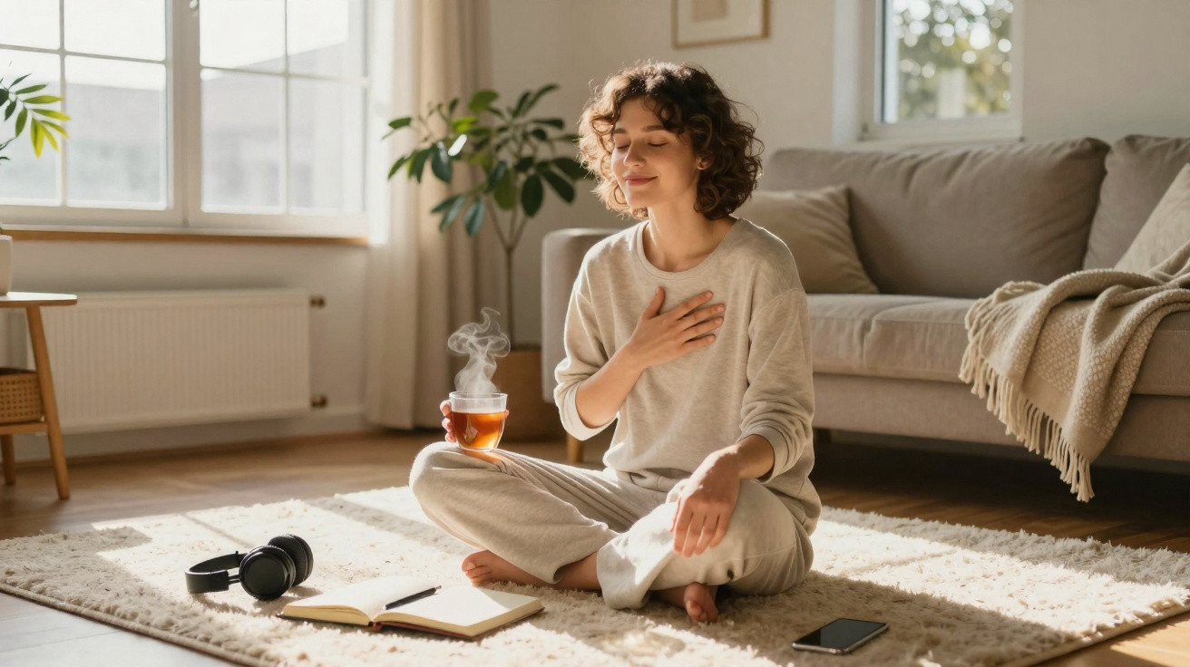 Woman in casual clothes sitting cross-legged on a rug, holding a steaming cup of tea, eyes closed in relaxation.