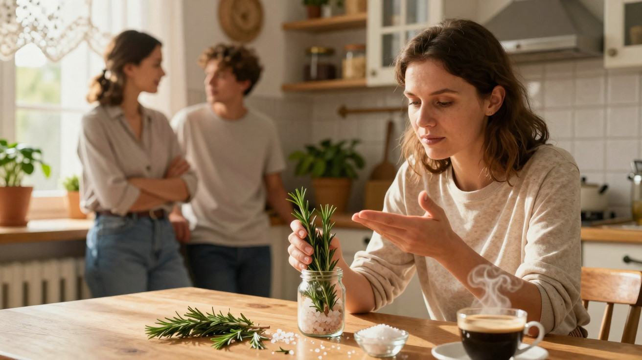 Young woman arranging rosemary in a jar at a kitchen table with a steaming cup of coffee, two people talking in background.