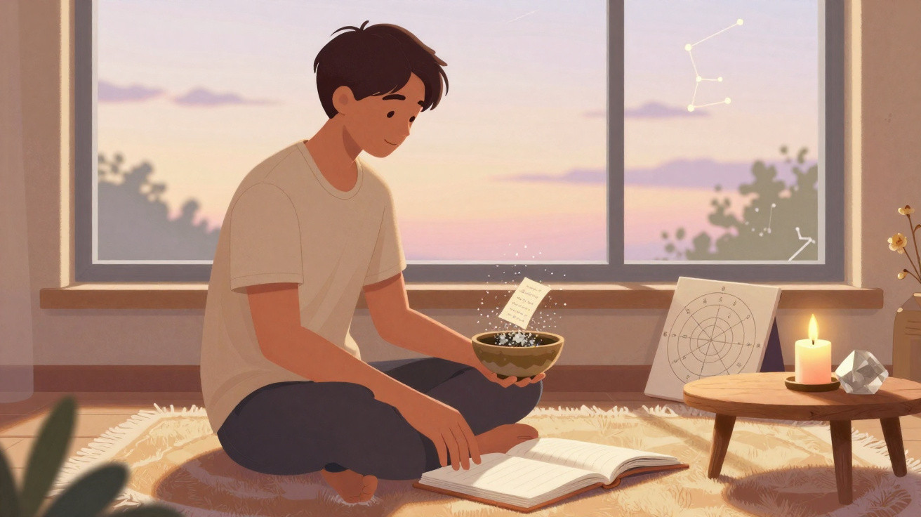 A person sits cross-legged on a rug reading a book, holding a glowing bowl with a floating note near a window at sunset.