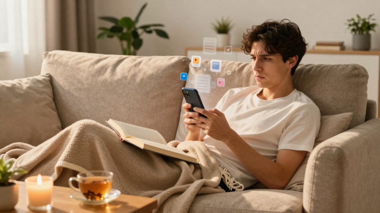 Young man sitting on a beige sofa using his smartphone with digital icons, a book and a cup of tea nearby.