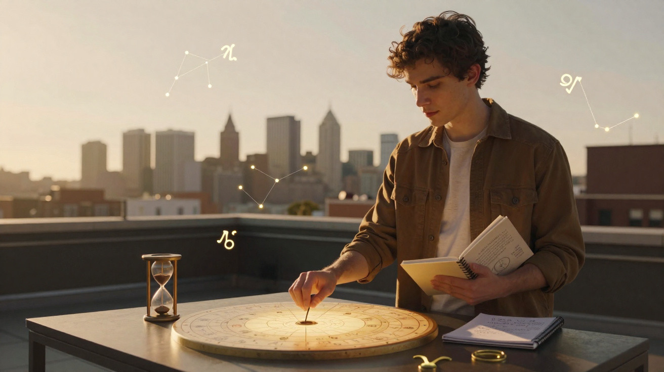 Young man studying astrology chart with pendulum on rooftop at sunset, city skyline in background.